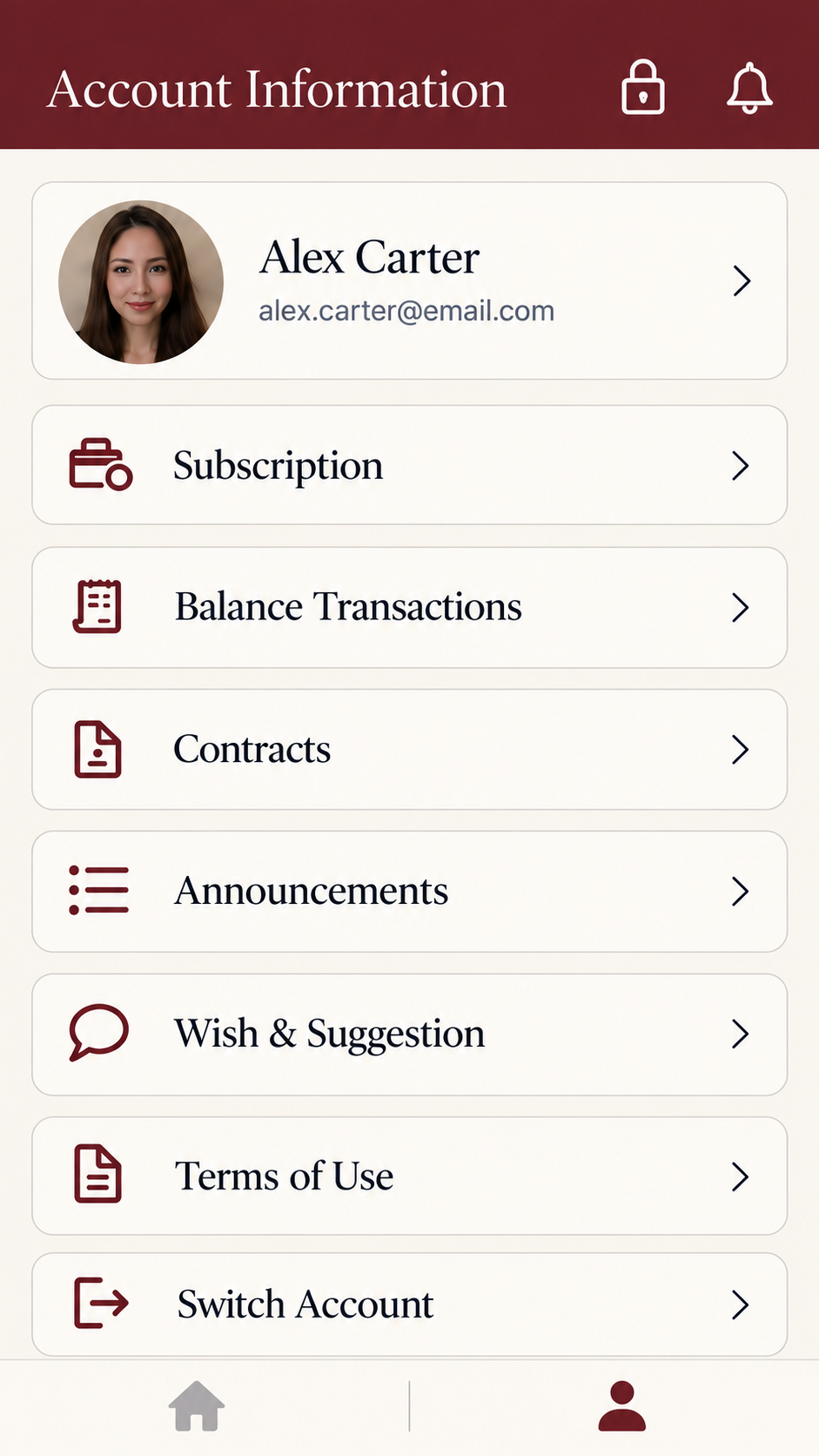Account Information design for sample member Alex Carter, with Subscription, Balance Transactions, Contracts, Announcements, Wish and Suggestion, Terms of Use and Switch Account menus.